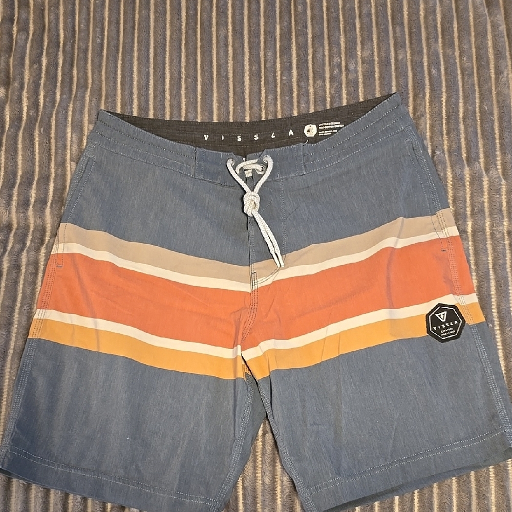 VISSLA Blue and Orange Board Shorts with Stripes